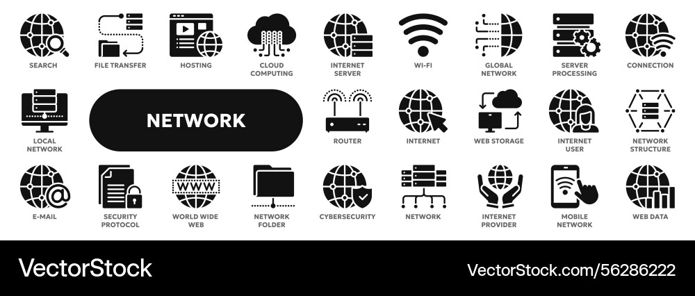 Set von soliden Icons im Zusammenhang mit Computernetzwerk Set von soliden Icons im Zusammenhang mit Computernetzwerk vektorbild