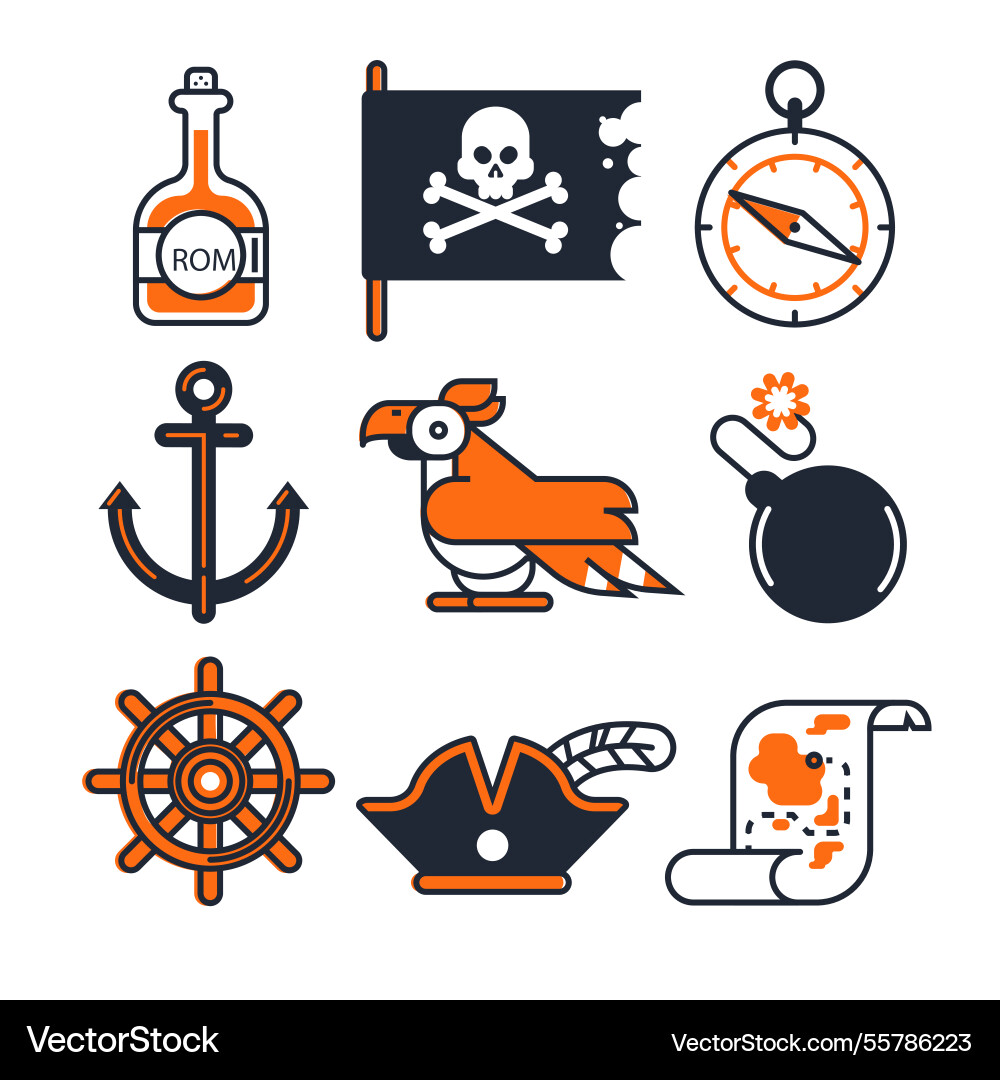 Set of parrot with linear pirate elements Vector Image