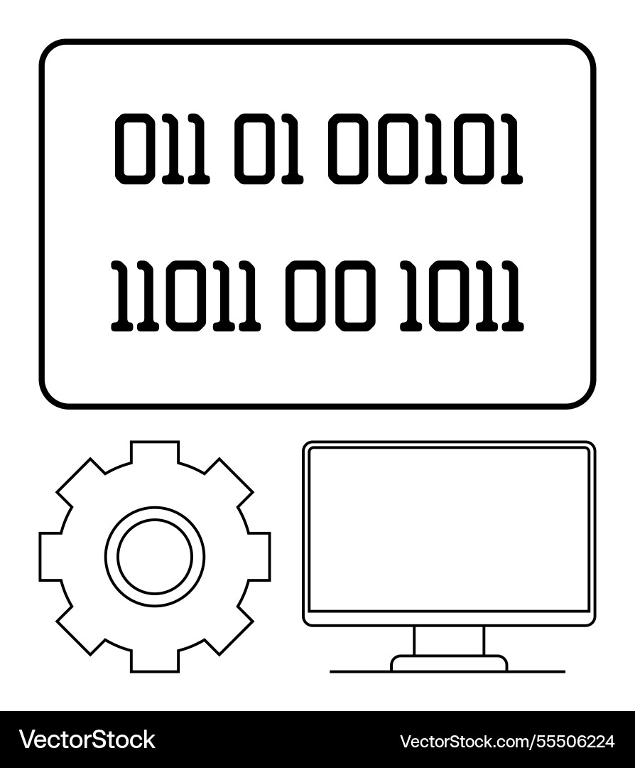 Binary code screen with monitor and gear Vector Image
