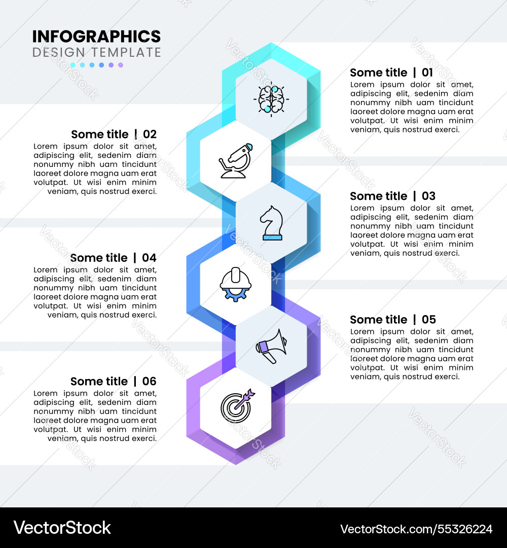 Infographic template vertical line with 6 hexagons Vector Image
