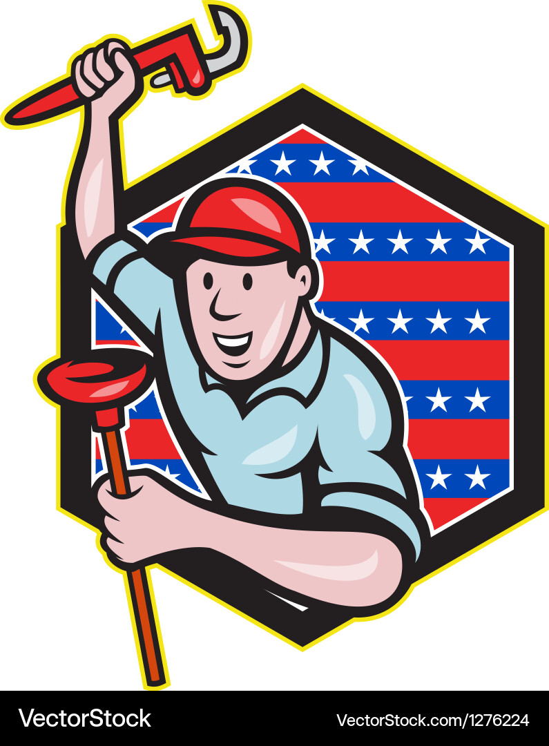 Plumber with monkey wrench and plunger cartoon vector image