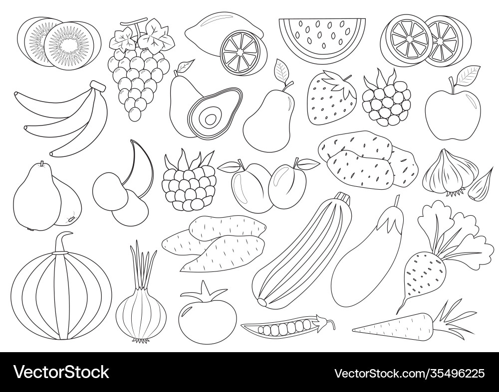 Coloring book page fruits berries and vegetables Coloring book page fruits berries and vegetables vector image