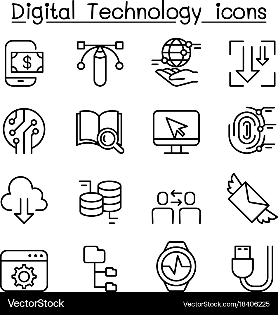 Digital data technology icon set in thin line vector image