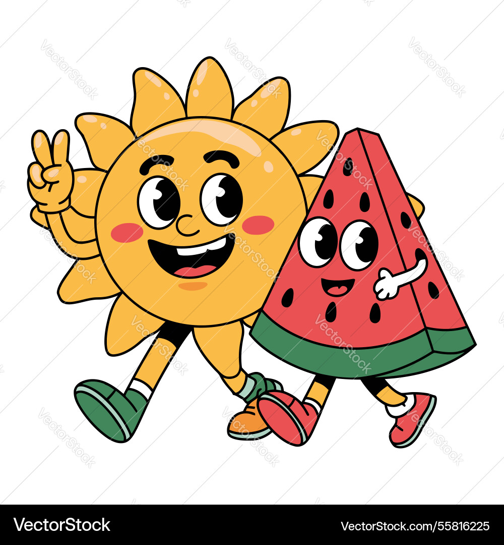Süße Sonne und Wassermelone Cartoon Freunde gehen Süße Sonne und Wassermelone Cartoon Freunde gehen vektorbild