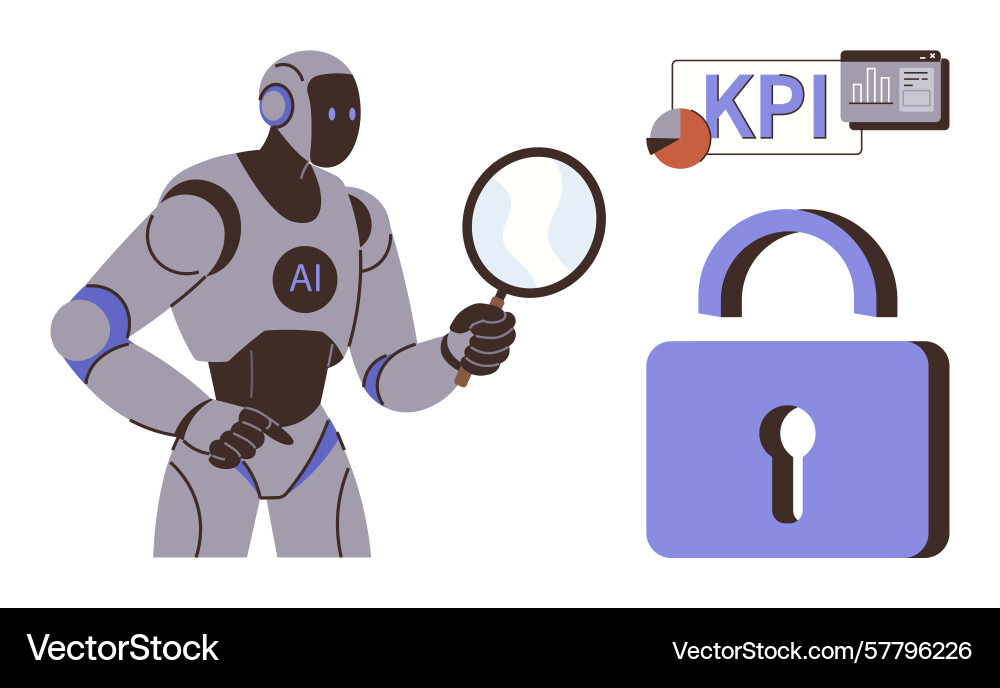 Ai robot analyzing data with magnifying glass kpi vector image