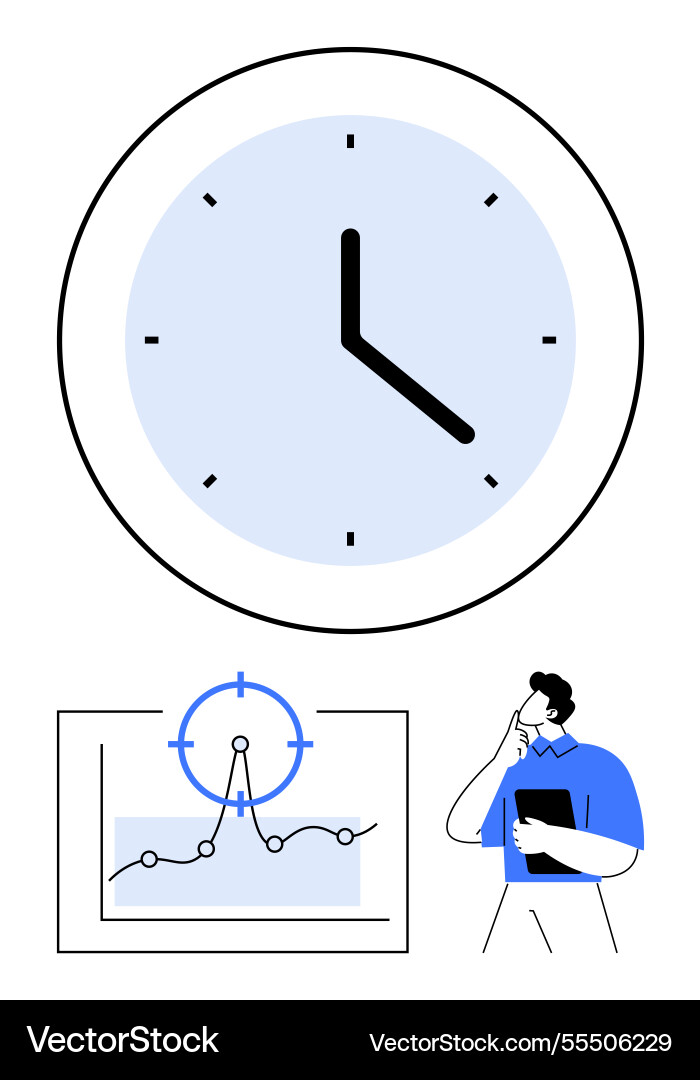Man reviewing graph data with large clock Man reviewing graph data with large clock Vector Image