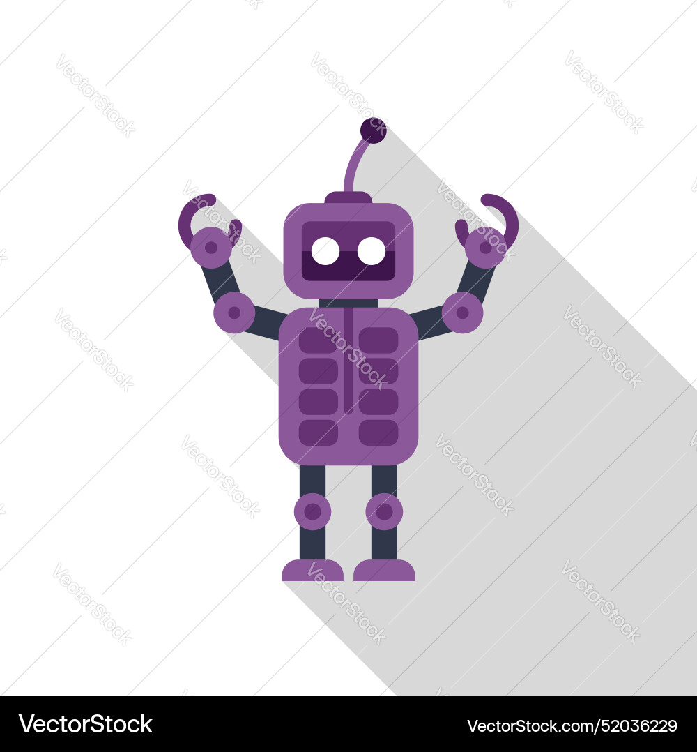 Purple robot raising arms with long shadow Vector Image