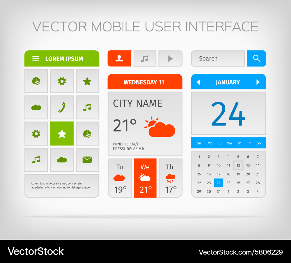 Set of mobile user interface and icons for app vector image