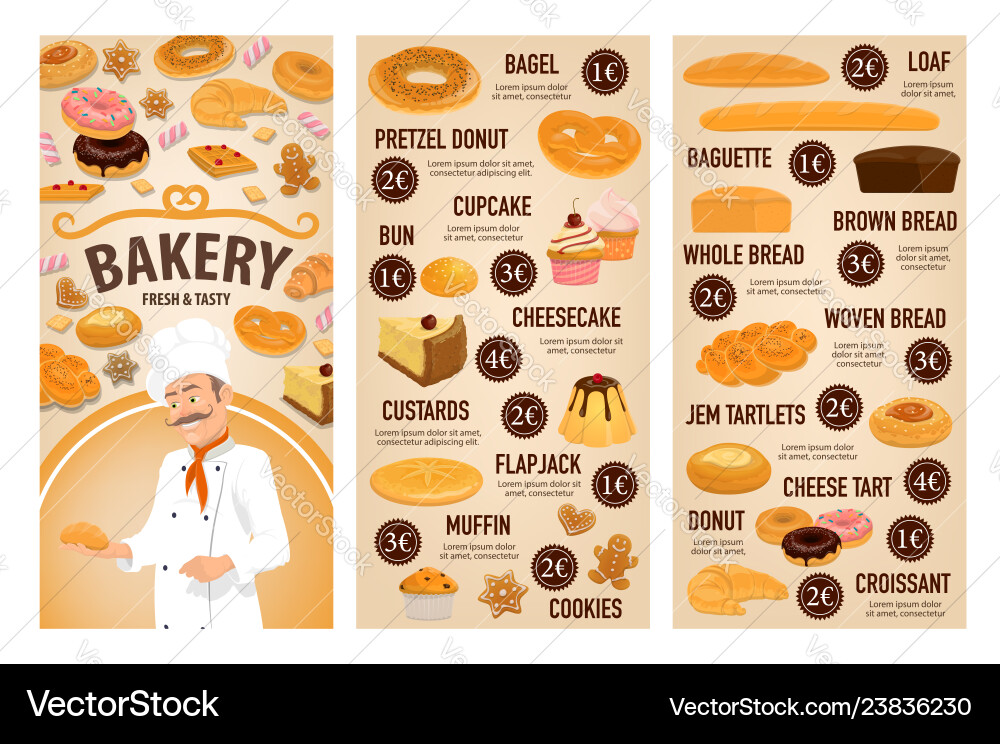 Bakery shop cakes patisserie pastry desserts menu Bakery shop cakes patisserie pastry desserts menu vector image