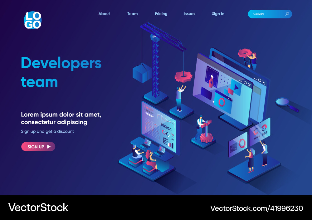 Developers team concept 3d isometric web landing Developers team concept 3d isometric web landing vector image