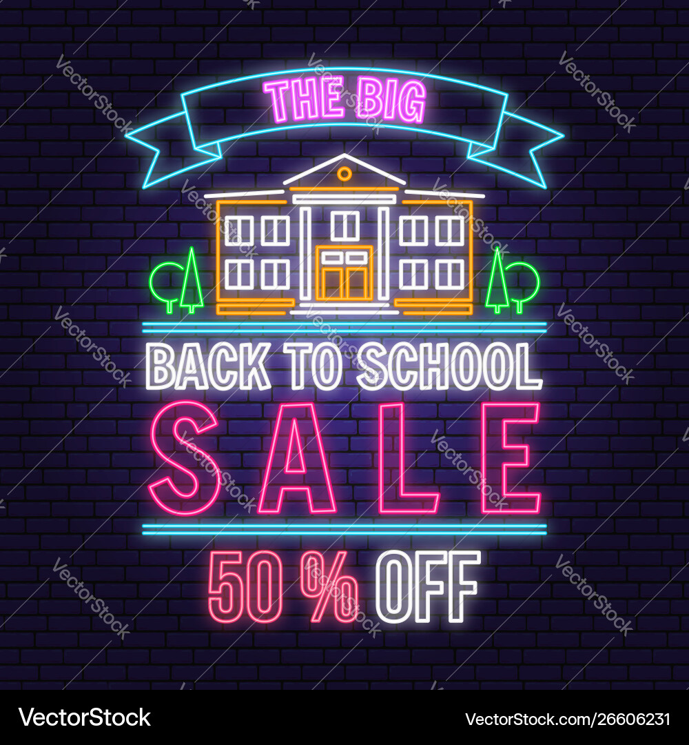 Back to school sale neon design or emblem Vector Image