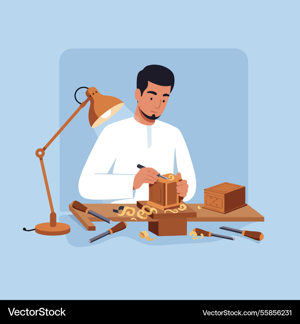 Man carving wooden box with chisel under desk Vector Image