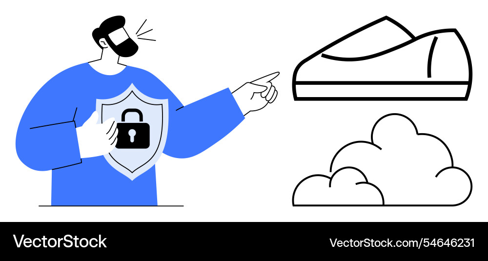 Man holding shield with lock symbol pointing Man holding shield with lock symbol pointing vector image