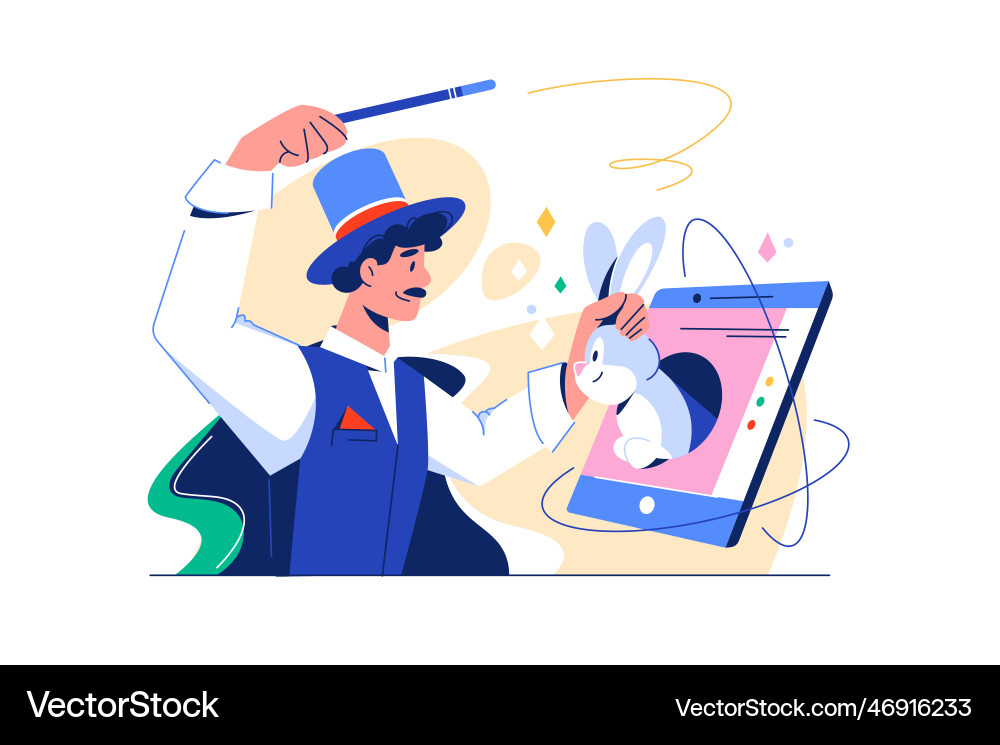Illusionist takes hare out of mobile tablet Illusionist takes hare out of mobile tablet vector image