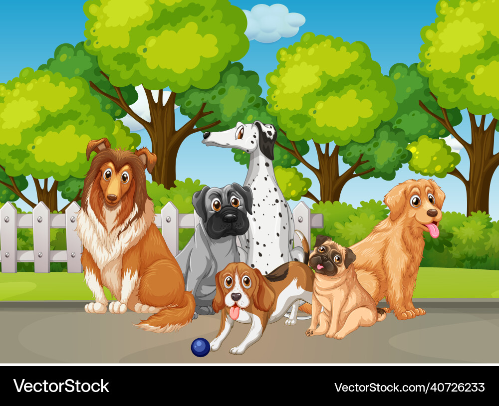 Park nature scene with many different dogs Park nature scene with many different dogs Vector Image
