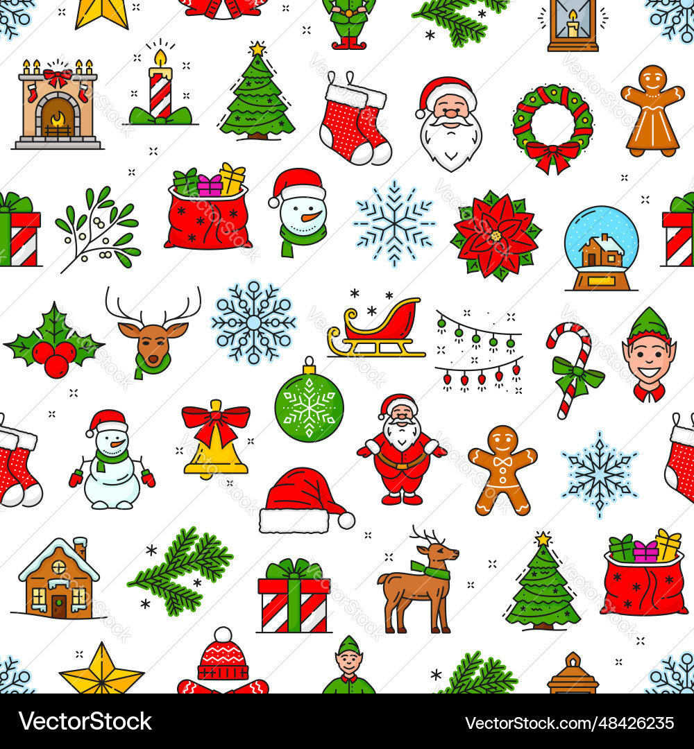 Christmas Line Art Pattern - Santa & Gifts Vector Image