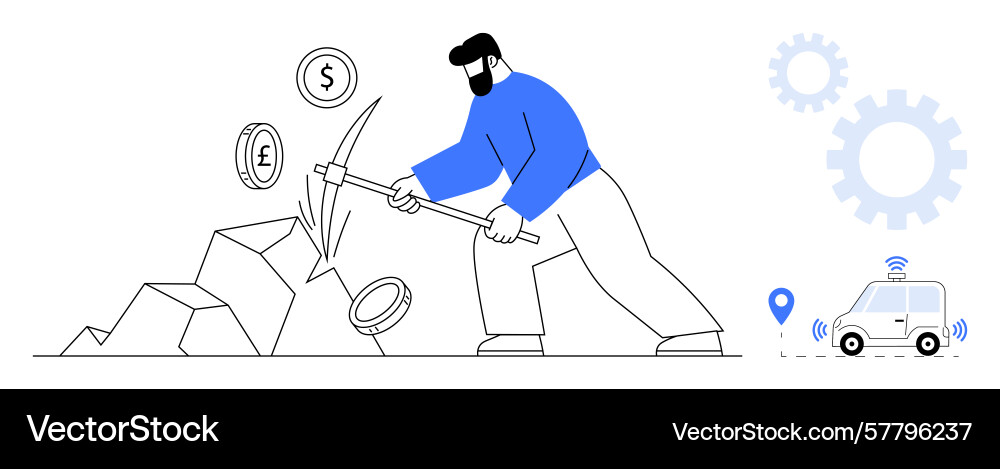 Man mining for digital currencies using pickaxe vector image