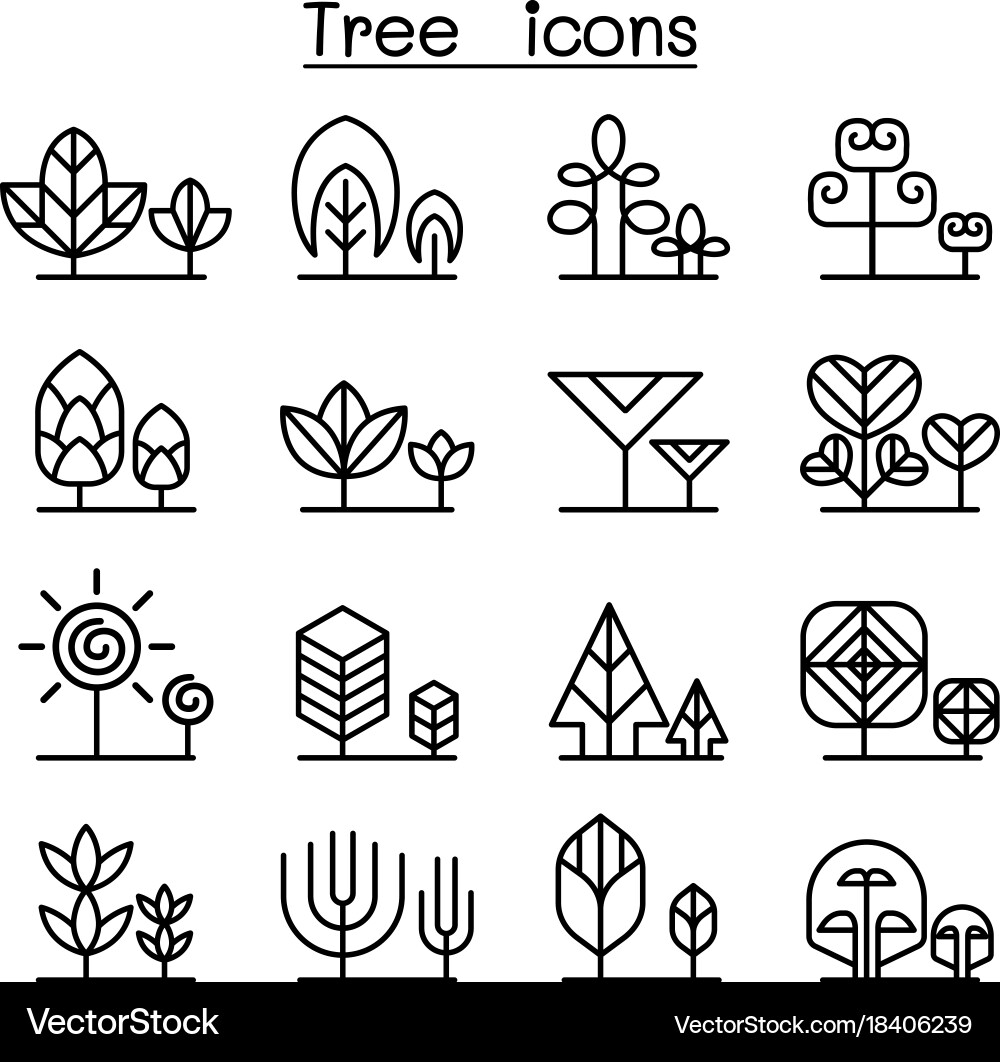 Tree icon set in thin line style vector image