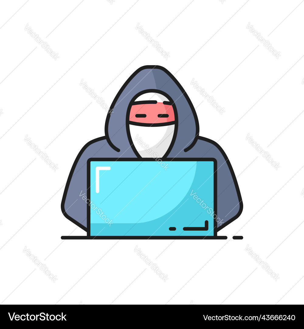Hacker in mask typing on laptop outline icon Hacker in mask typing on laptop outline icon vector image