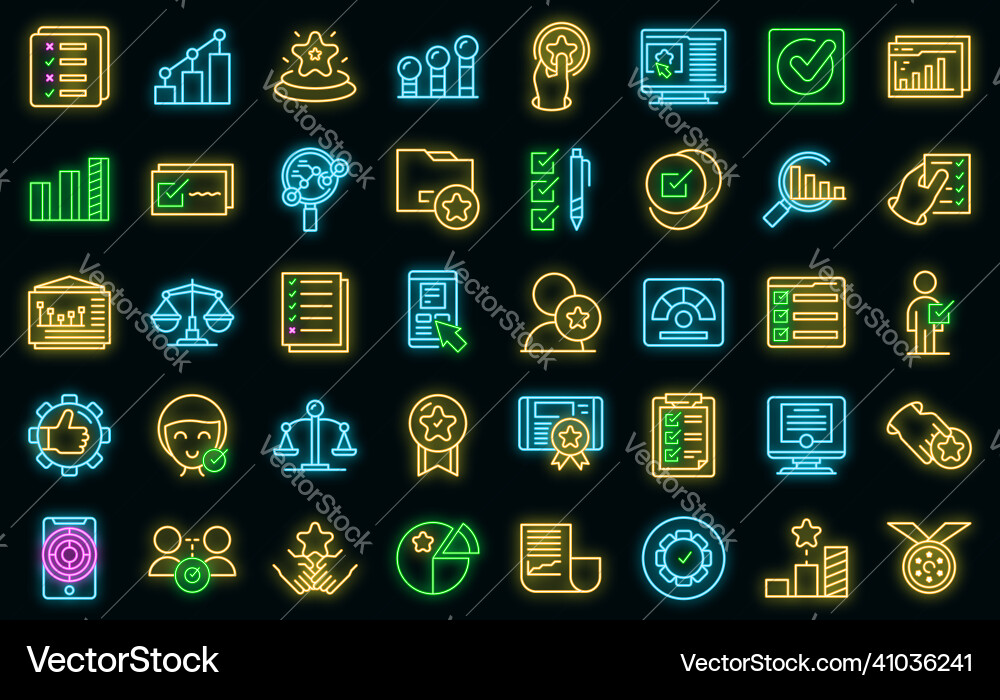 Benchmark testing icons set neon Benchmark testing icons set neon vector image