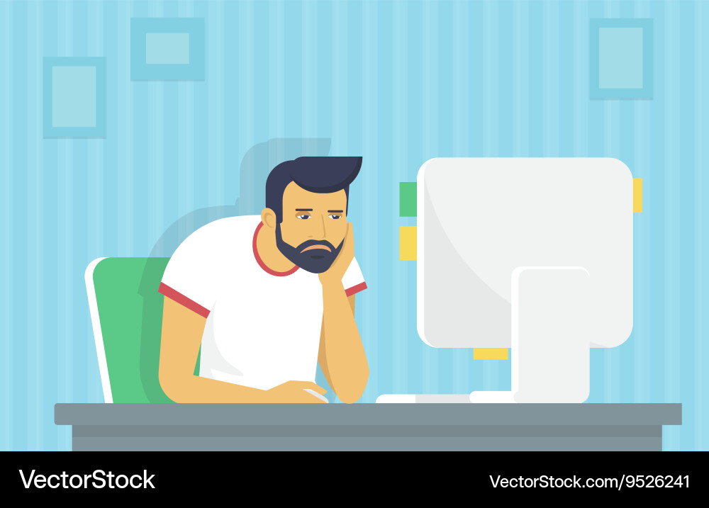 Tired Man Working on Computer Vector Image