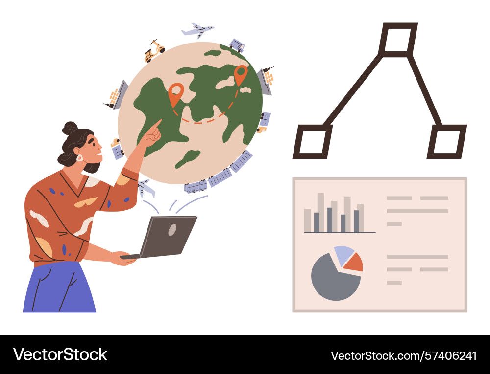 Woman analyzing global data with map charts Woman analyzing global data with map charts vector image