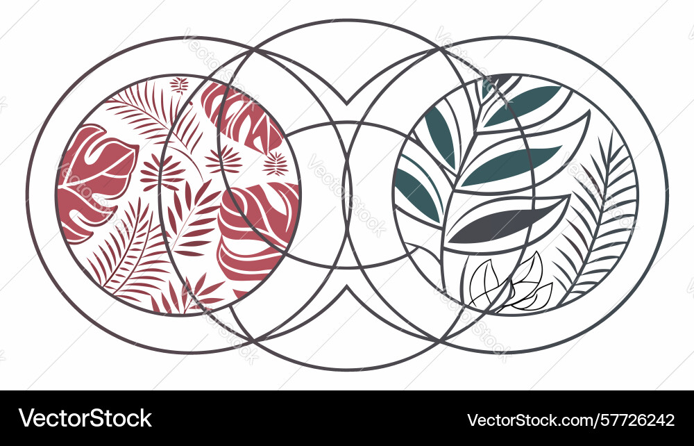 Overlapping circles with organic leaf patterns vector image