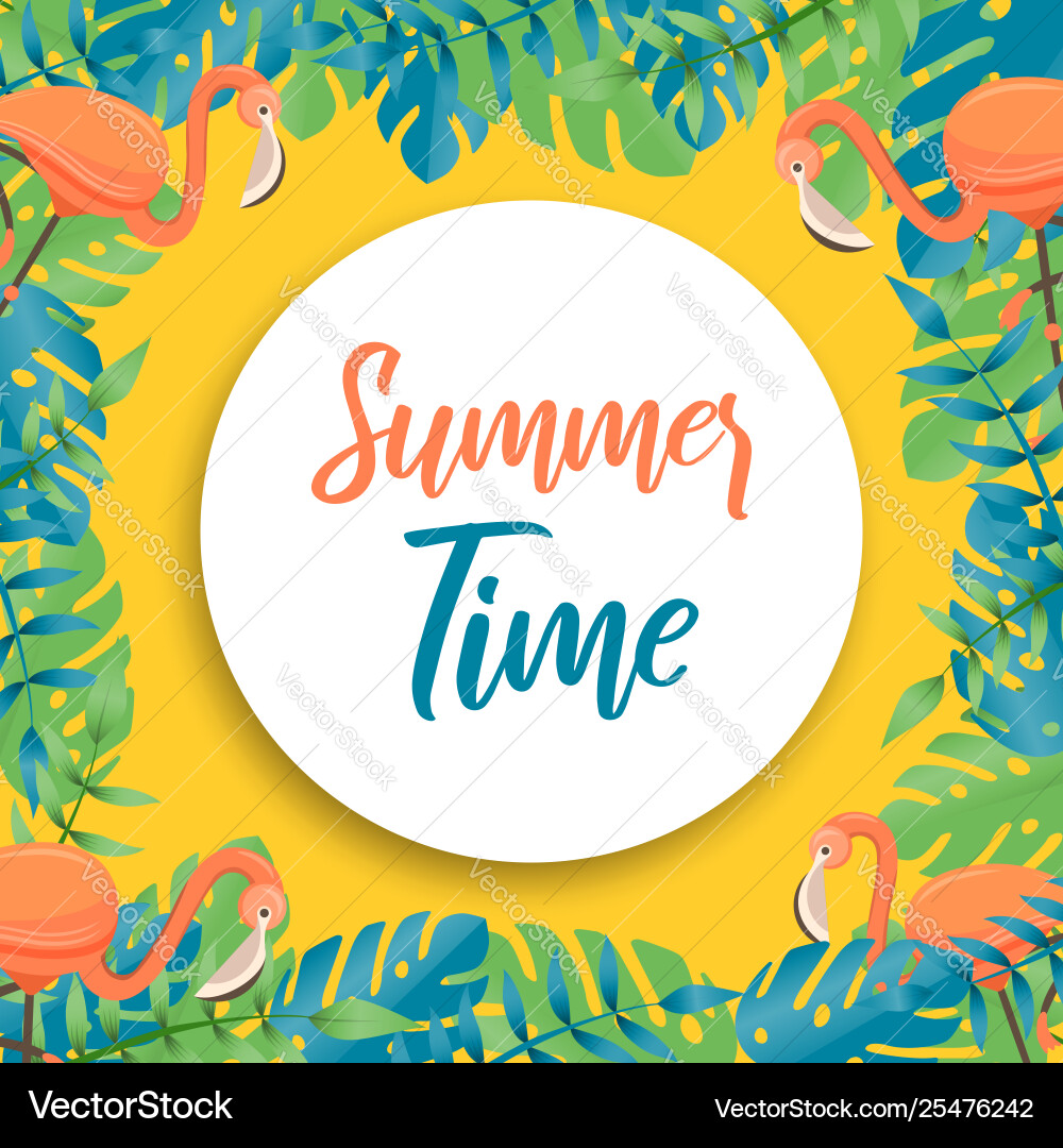 Tropical summer time card flamingo and plants Tropical summer time card flamingo and plants vector image