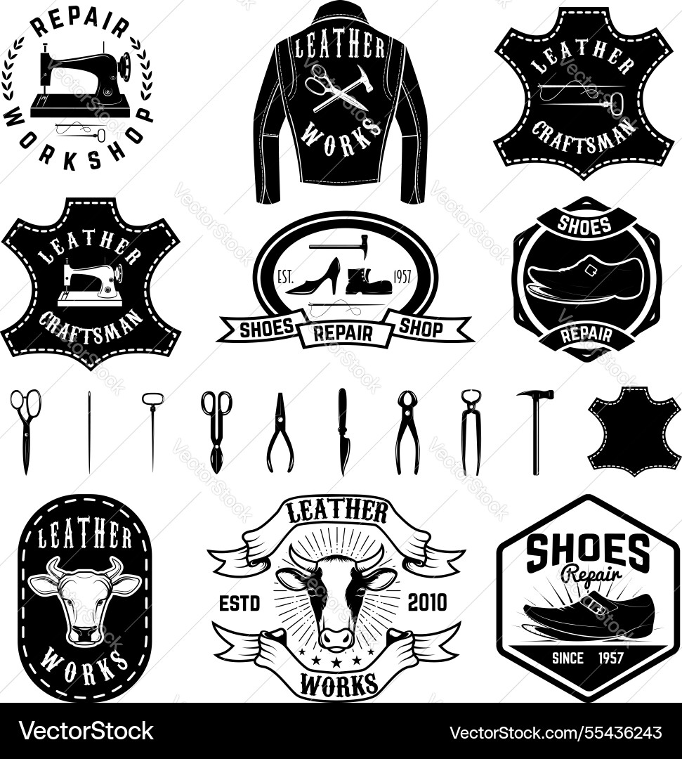 Set of repair workshop labels and design elements Set of repair workshop labels and design elements Vector Image
