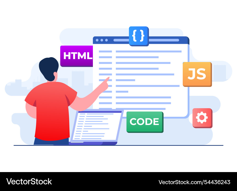 Web developer wiring code or program using laptop vector image