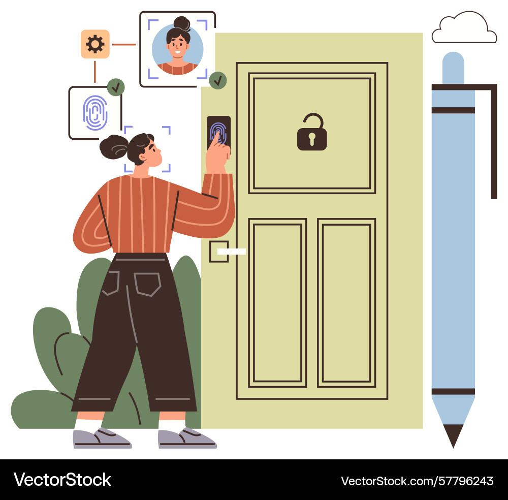 Woman using fingerprint access system for secured Woman using fingerprint access system for secured vector image