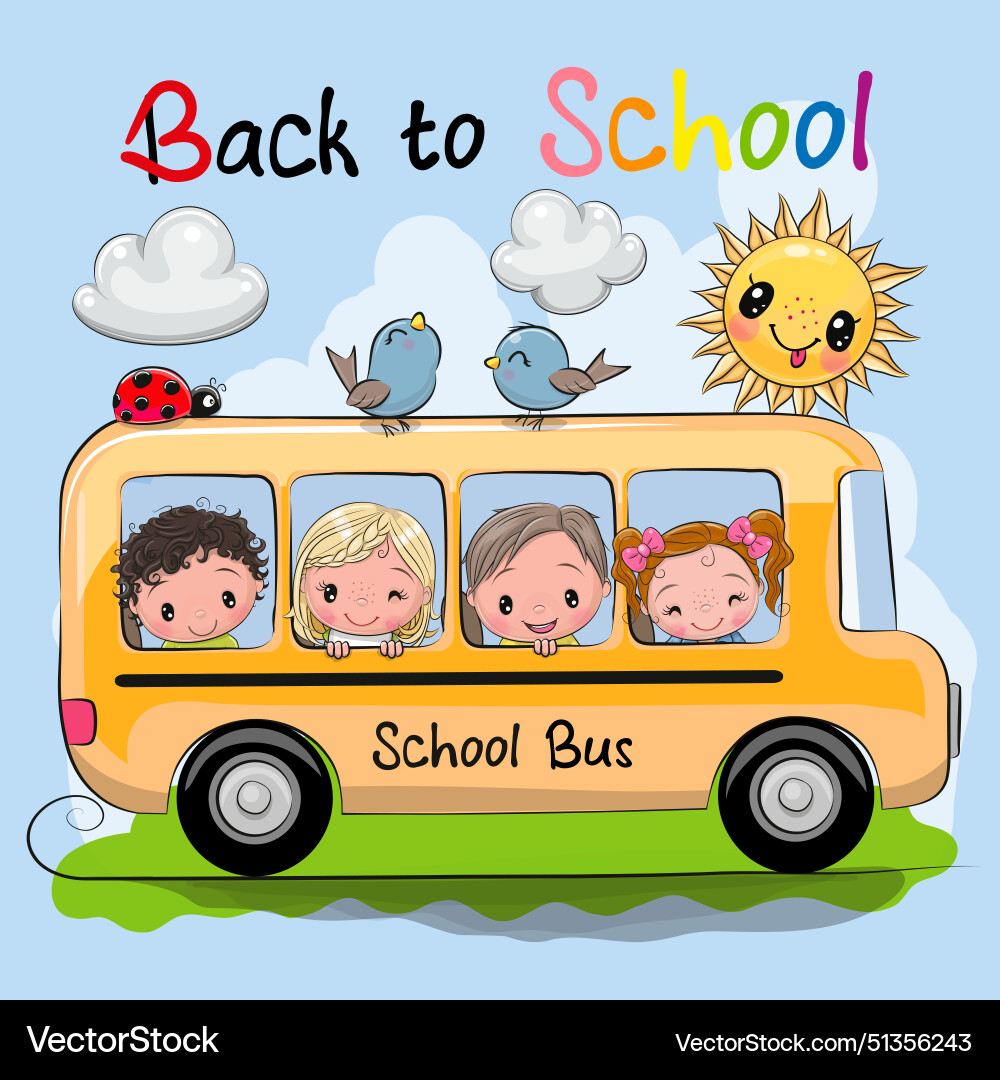 Yellow school bus and four cute cartoon kids Yellow school bus and four cute cartoon kids vector image