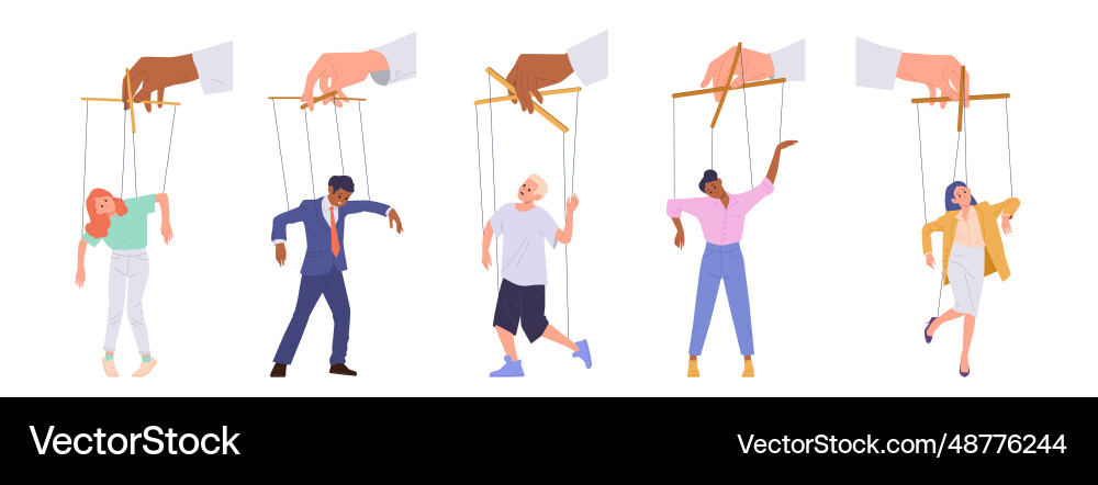 Set of puppet people attached to strings Set of puppet people attached to strings Vector Image