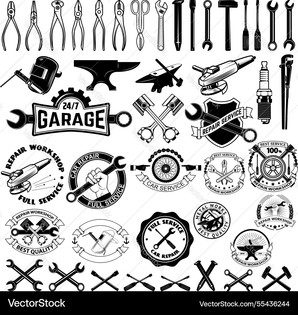 Set of repair service workshop labels and design Vector Image