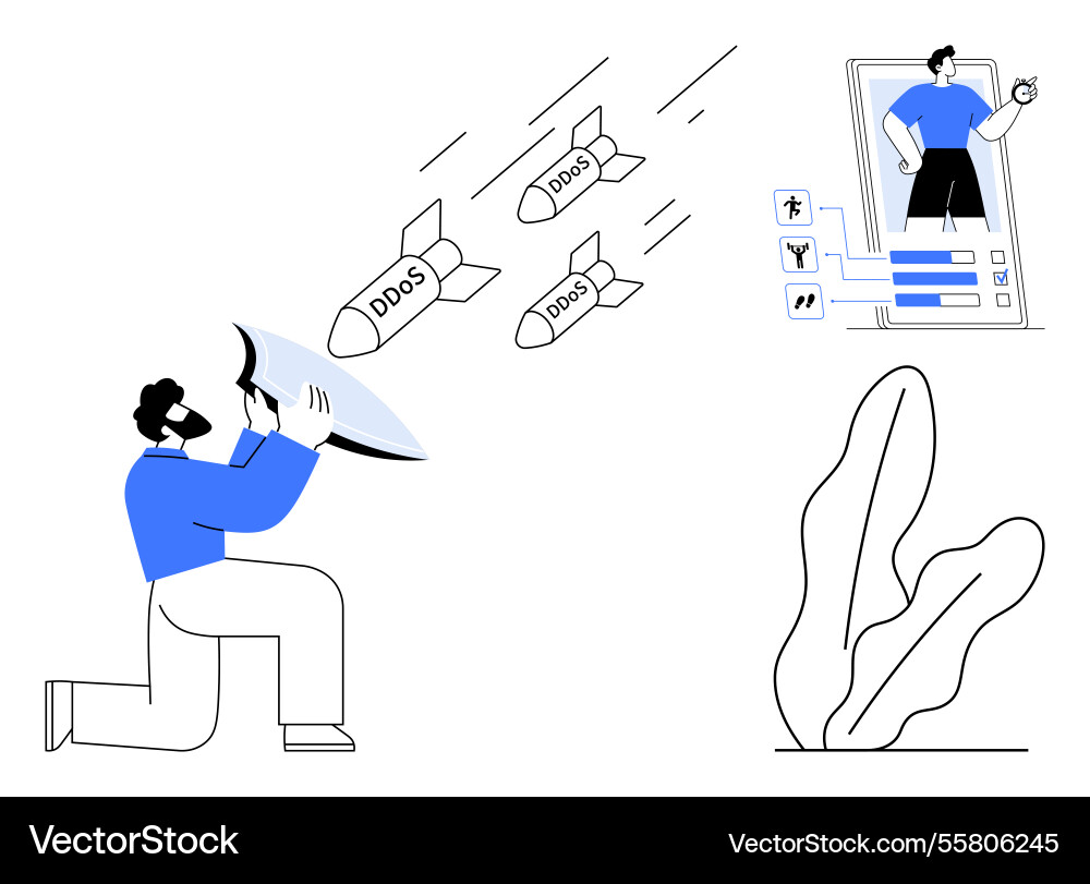 Man defending against ddos attacks with shield Man defending against ddos attacks with shield Vector Image