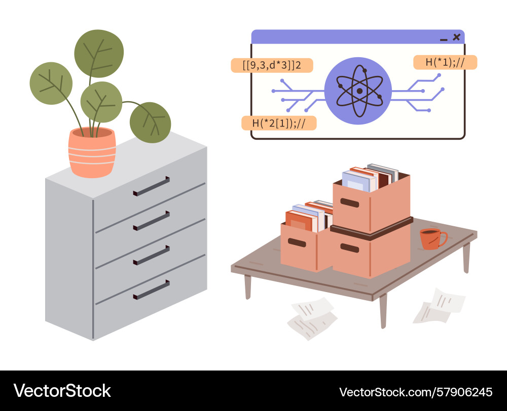 Organized workspace with drawers table files Organized workspace with drawers table files Vector Image