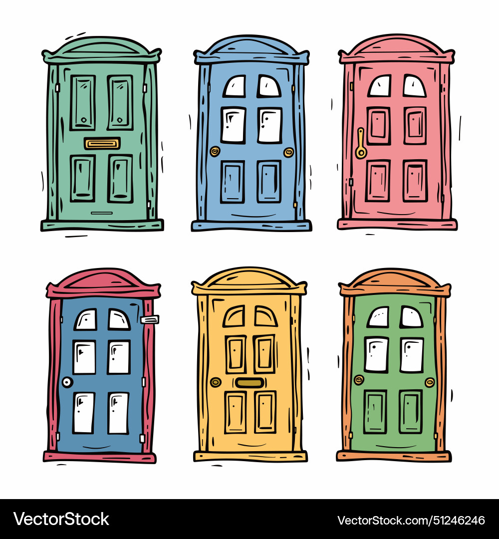 Colorful doors set handdrawn green blue red Colorful doors set handdrawn green blue red vector image