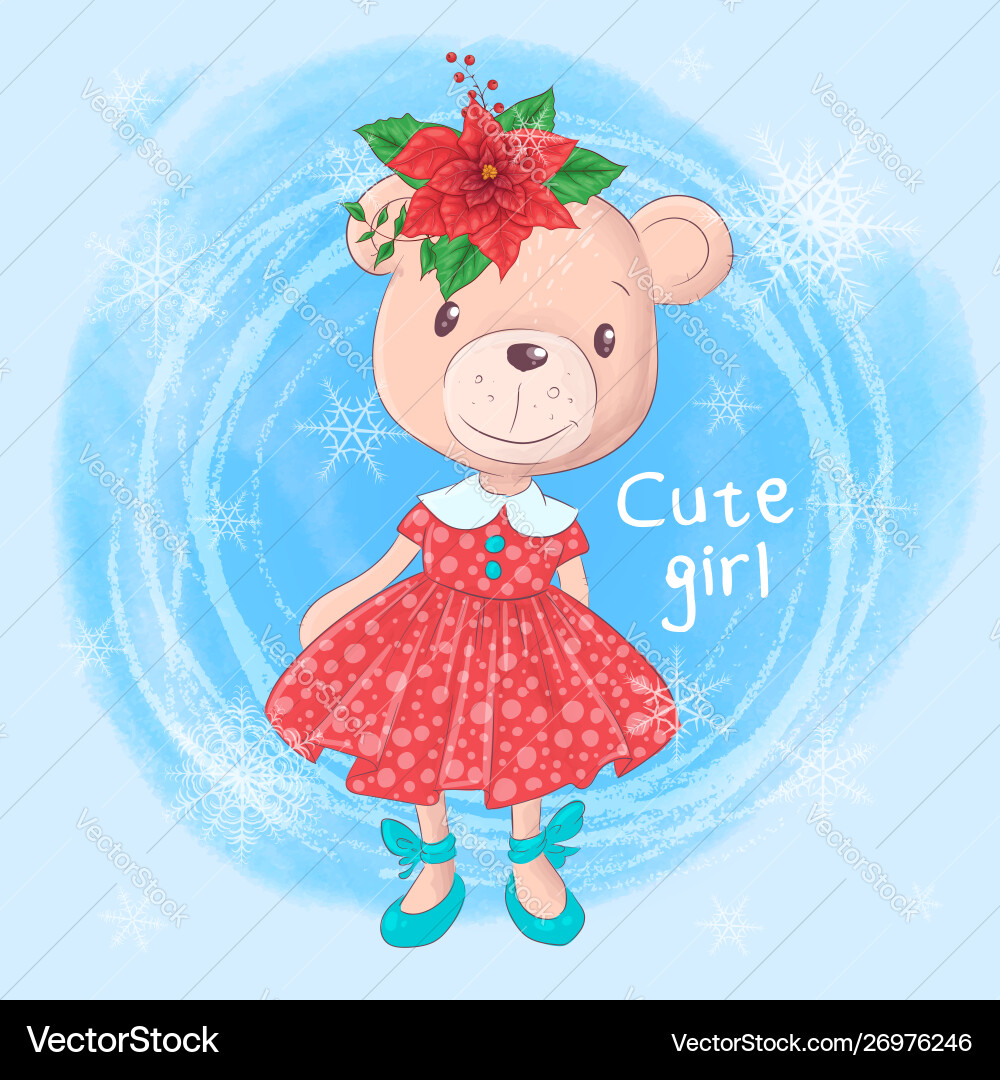 Cute christmas card with cartoon teddy bear girl Cute christmas card with cartoon teddy bear girl vector image
