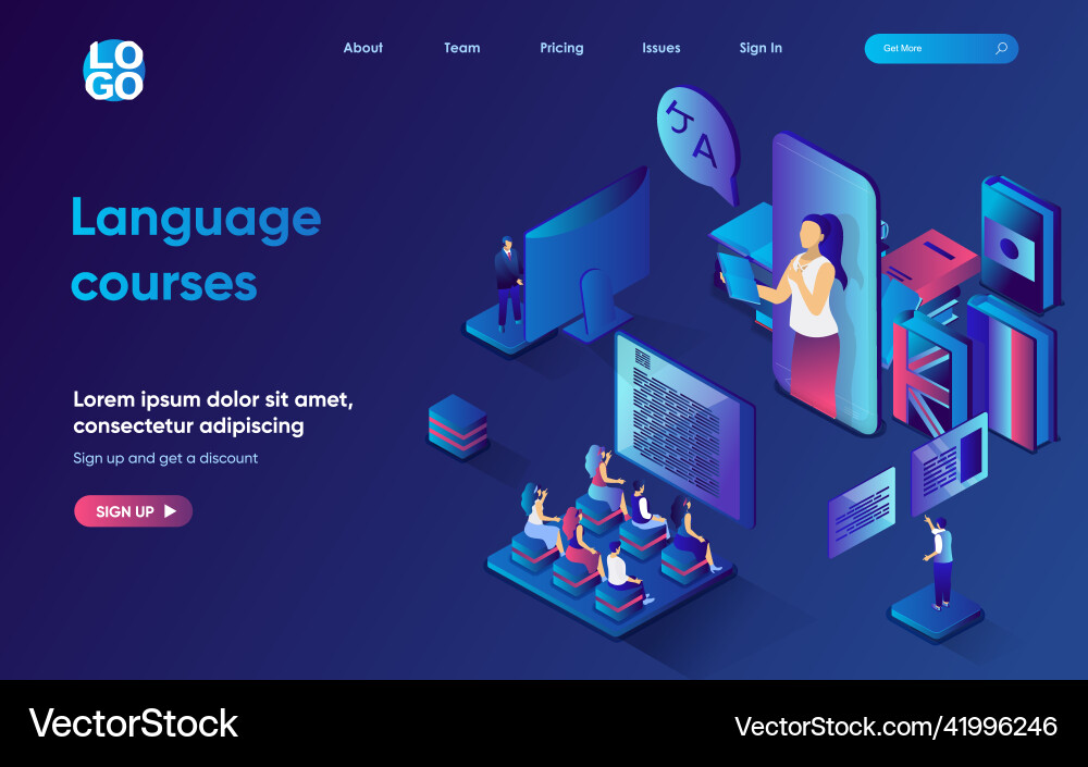 Language courses concept 3d isometric web landing Language courses concept 3d isometric web landing vector image