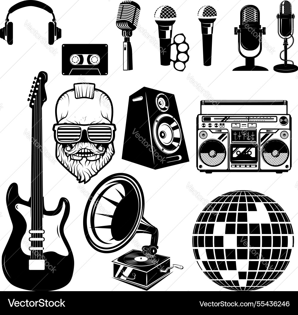 Set of retro party elements music instruments Set of retro party elements music instruments vector image
