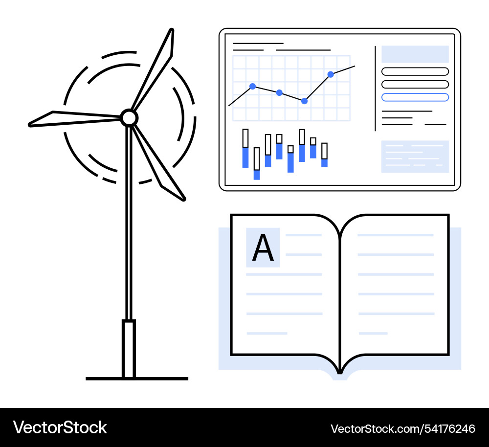 Wind turbine analytics dashboard and open book Wind turbine analytics dashboard and open book vector image