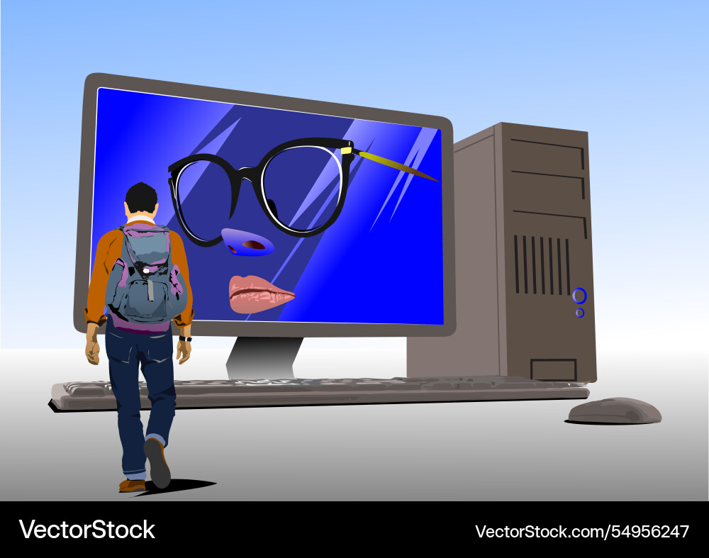 Student walking away from large computer vector image