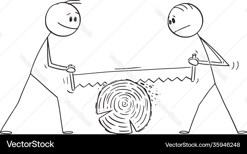 Cartoon two men cutting wood with big hand saw Cartoon two men cutting wood with big hand saw vector image