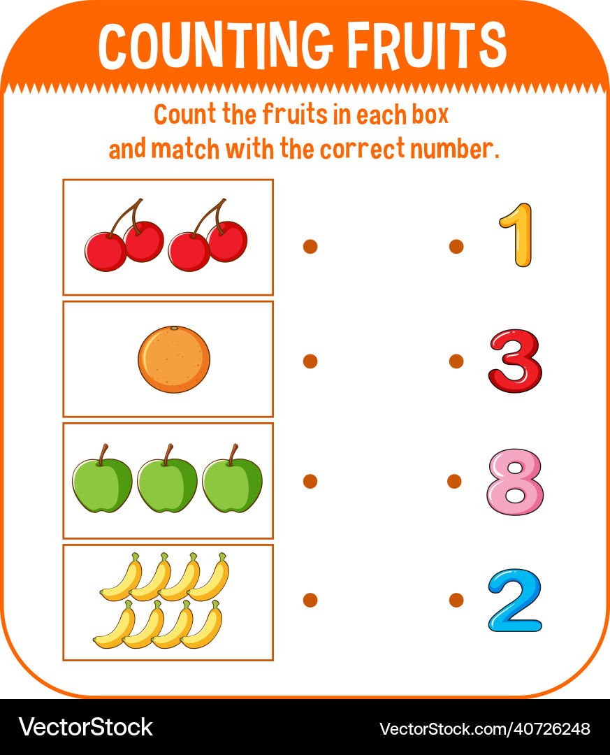 Math game template with counting fruits Math game template with counting fruits vector image