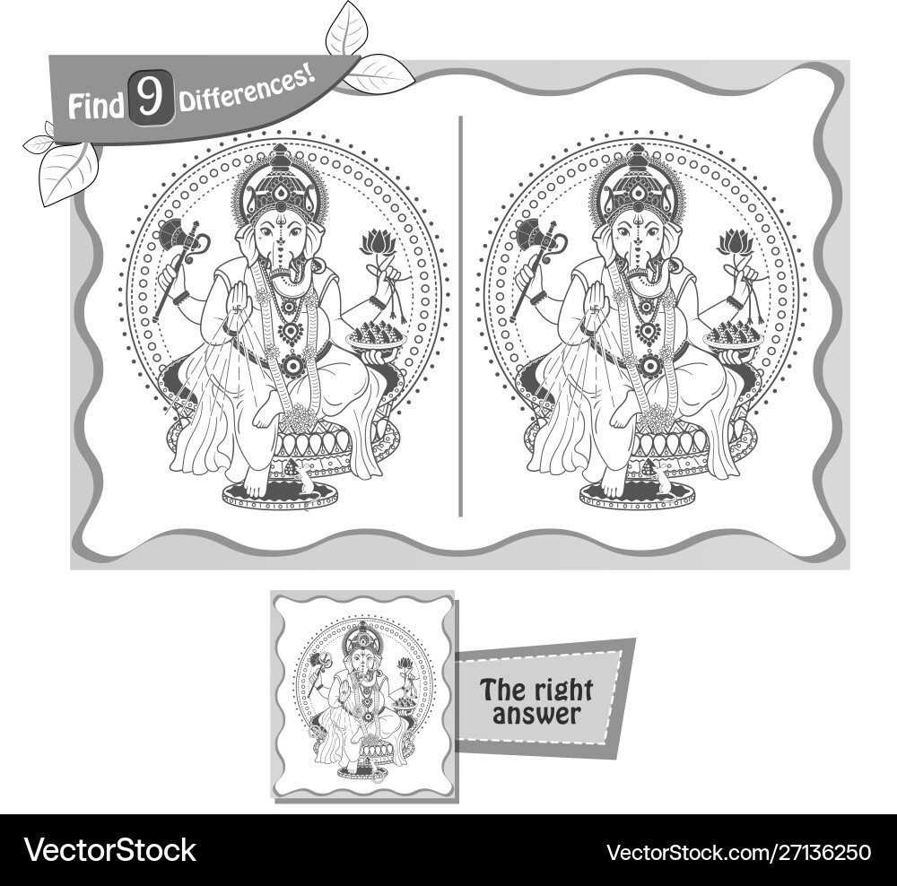 Find 9 differences game ganesha vector image