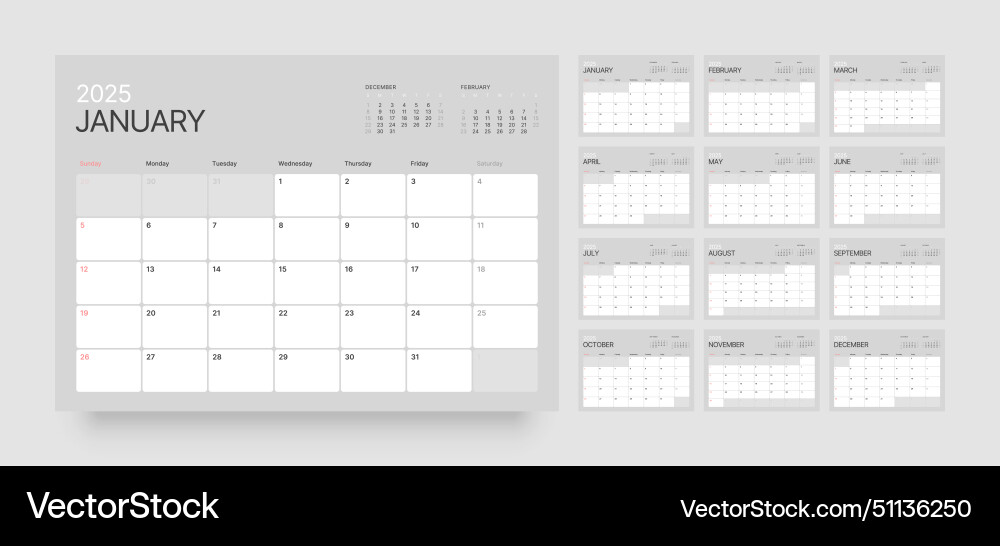 Monthly calendar for 2025 year starts on sunday Monthly calendar for 2025 year starts on sunday vector image