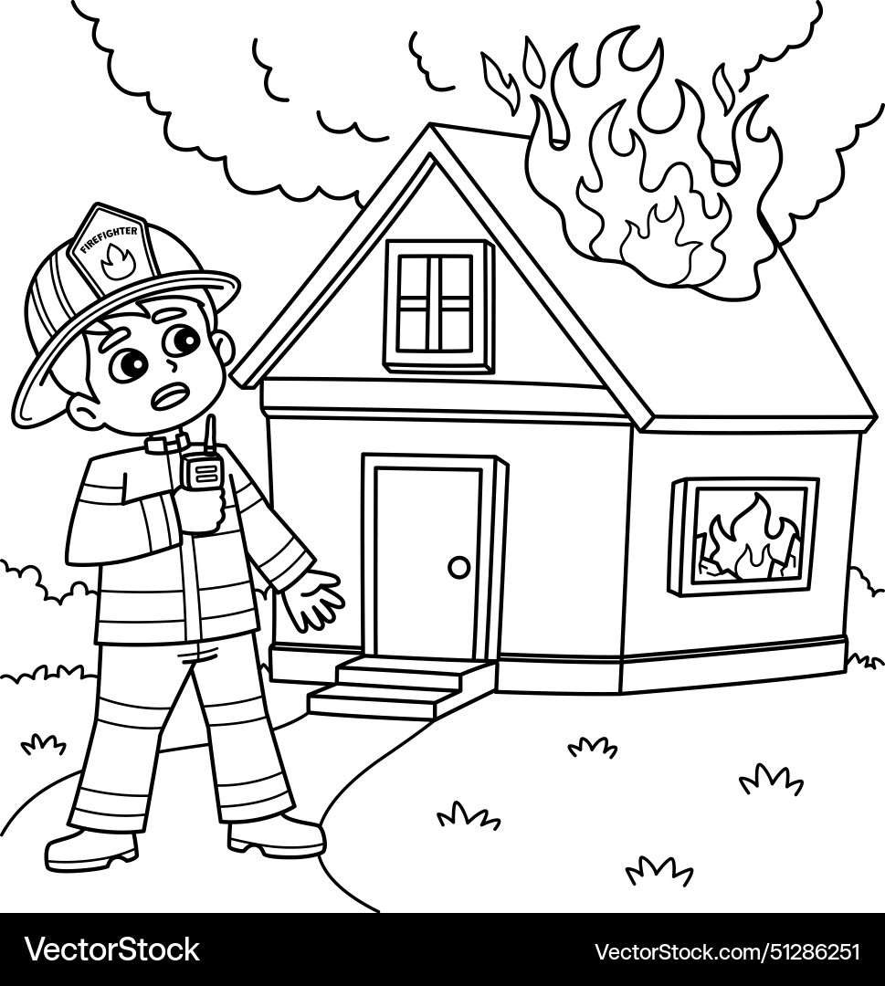 Firefighter with a burning house - Firefighter With A Burning House Coloring Page Vector 51286251
