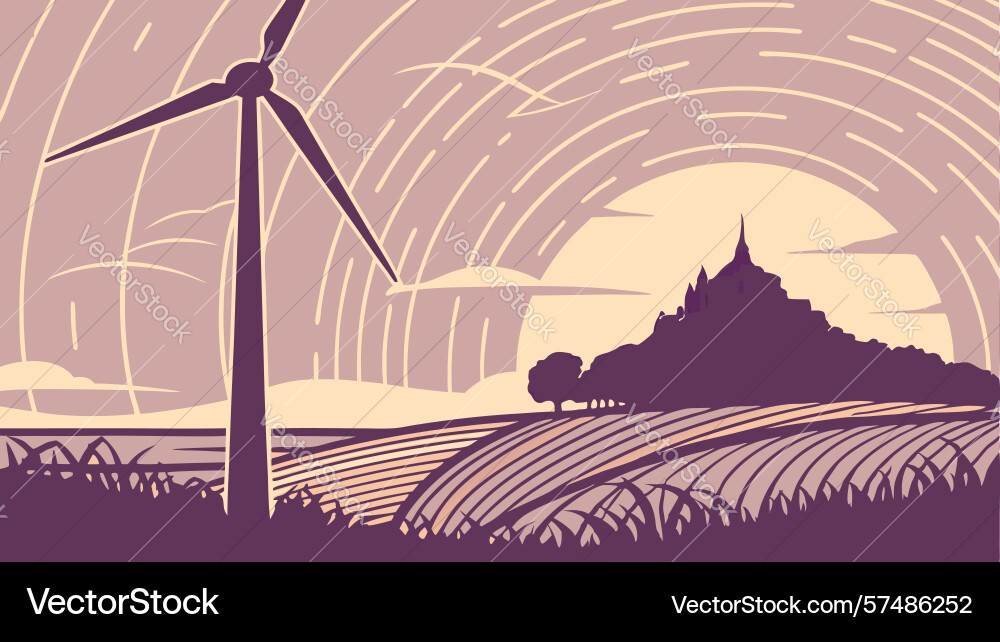 Wind turbine on a hill with dynamic abstract Vector Image
