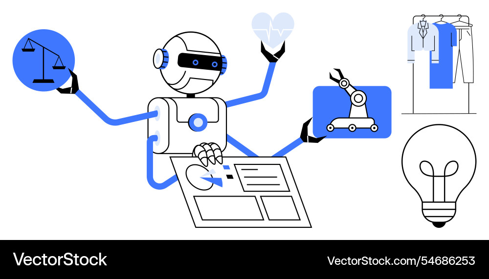 Robot with multiple arms symbolizing artificial Robot with multiple arms symbolizing artificial vector image