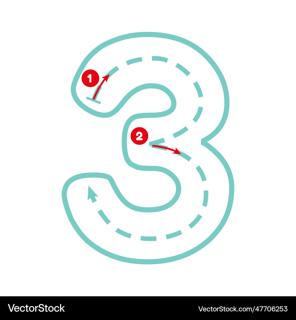 Write number three with tracing guide outline Vector Image